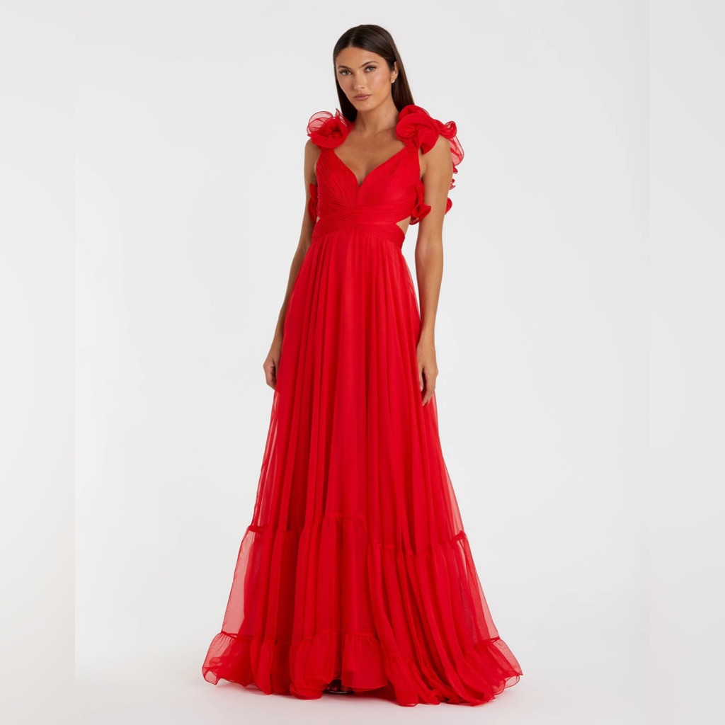 Mac Duggal Red Pleated Gown With Flutter Cap Sleeves